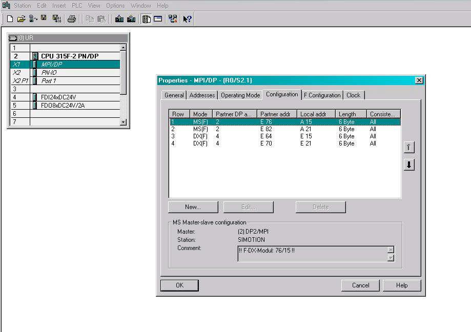 Then open the HW Config of the F-CPU öffnen. The Properties screen of the MPI/DP interface should also display the connection. The setting made in the tab Configuration is displayed.