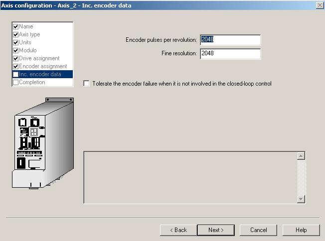 With the second axis, differences also arise in the Encoder assignment screen. The encoder data can be entered in the Wizard by pressing the button Data transfer from the drive.