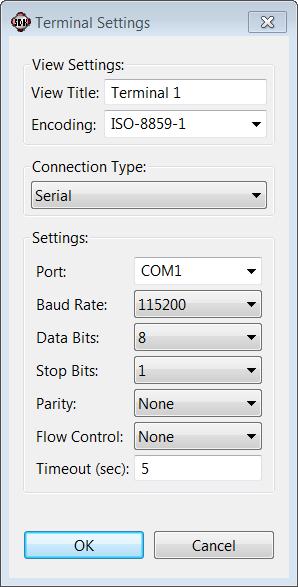 8. Set the terminal by selecting the Terminal 1 tab and clicking the Settings button (FIGURE 42). Figure 42: Settings Button 9. Use the following settings for the ZedBoard (FIGURE 43). Click OK.