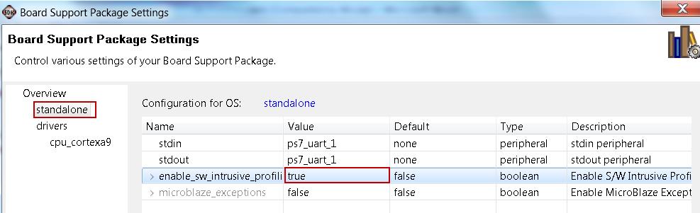 Part 3: Profiling an Application Export the Design to the SDK Step 1 1-1. Export the design to the SDK, create the software BSP using the standalone operating system; Enable the profiling options.