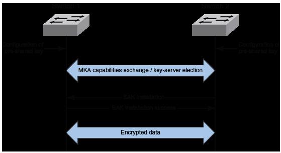 Secure channels FIGURE 2 MKA pre-shared key and key name exchange between two switches Secure channels Communication on each secure channel takes place as a series of transient sessions called secure