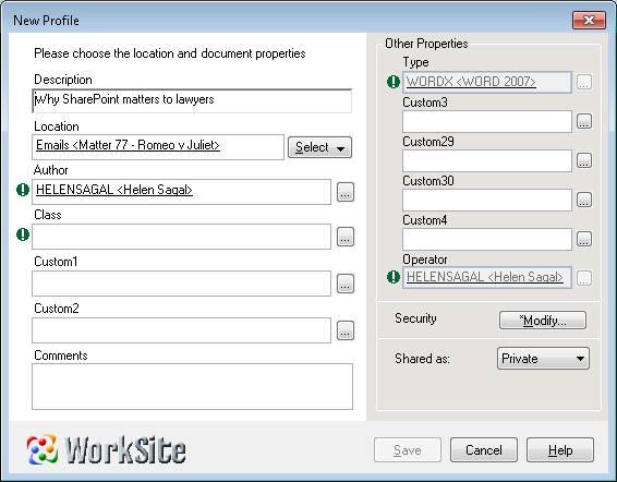 4. Click Sync. When syncing a new file to imanage, you are prompted to profile it. 5. Specify the profile information for the file and click Save.