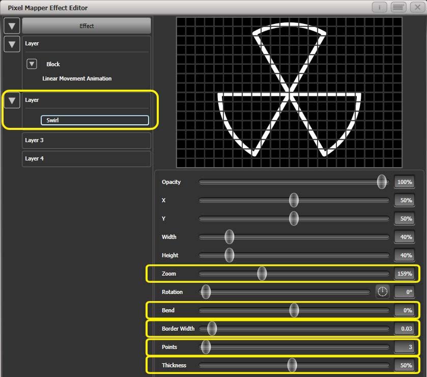 6. Shapes and Pixel Mapper effects - Page 87 Reduce 'Spawn Rate' until only one stripe is on screen the same time.