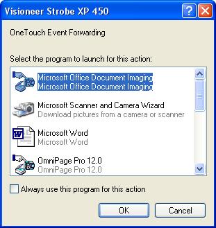 76 VISIONEER STROBE XP 450 SCANNER USER S GUIDE 5. Press the Scan button to start scanning. A dialog box opens for you to select the application to use for scanning.