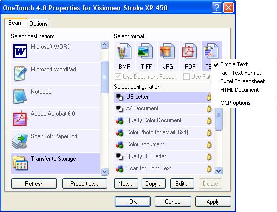 80 VISIONEER STROBE XP 450 SCANNER USER S GUIDE 4. If you want to have text documents or spreadsheets converted by the OCR process prior to being stored, choose a text format.