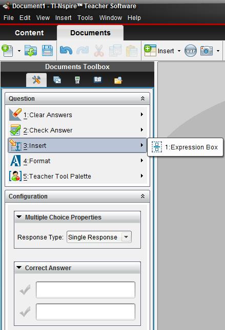 To type the equation into an Expression Box, go to the Documents Toolbox, select the Document Tools pane, and select Insert > Expression Box.
