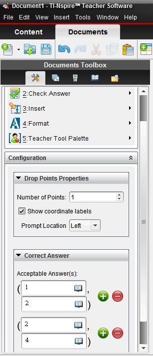 Creating a Self-Check Document TI PROFESSIONAL DEVELOPMENT 129 Step 11: Insert a new question by clicking the Insert menu and selecting Question > Coordinate