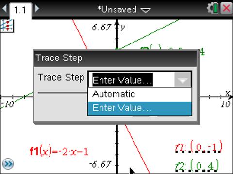 The Graphs Application Part Two TI PROFESSIONAL DEVELOPMENT 20 Step 8: To change the trace step, press Menu > Trace >Trace Step.