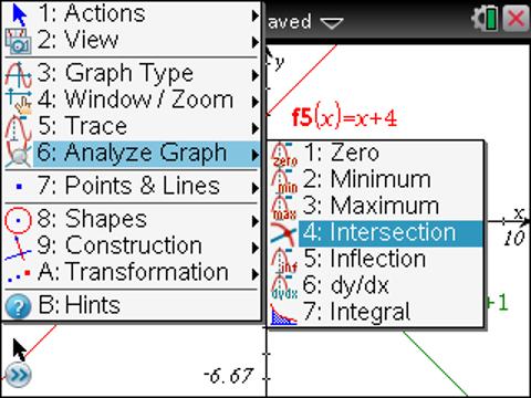The Graphs Application Part Two TI PROFESSIONAL DEVELOPMENT 22 Step 15: Press Menu > Analyze Graph > Intersection.