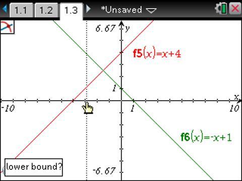 Press x to set the lower bound. To set the upper bound, first move the pointer to the right of the intersection point.