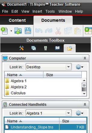 Click the icon to preview the first page of the TI-Nspire document. Double-click the file to open it in the Documents Workspace.