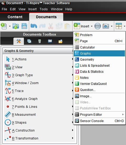 Getting Started with TI-Nspire TM Teacher Software 36 TI PROFESSIONAL DEVELOPMENT Step 4: The Insert menu allows you to insert problems and pages, along with each of the eight applications.