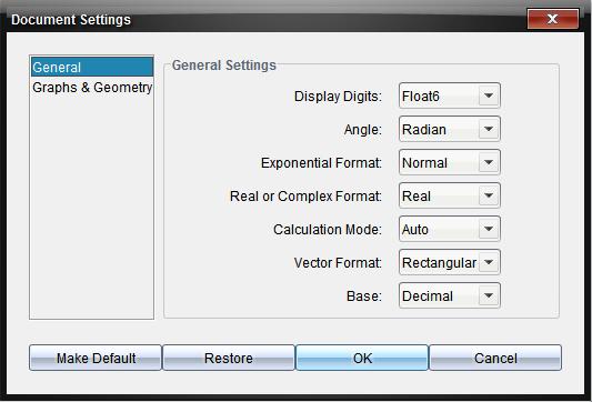 General settings apply to the entire TI-Nspire document, while Graphs & Geometry settings apply only to the Graphs and Geometry applications.