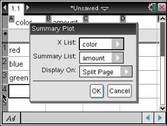 If needed, use e and Click x to select the X List (color) and the Summary List (amount) as shown.