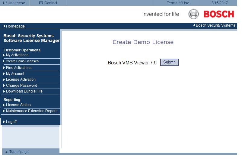 24 en Getting started Bosch Video Management System 2. Click Create Demo Licenses. 3. In the list of demo licenses, click Submit to create a Bosch VMS Viewer demo license. 4.