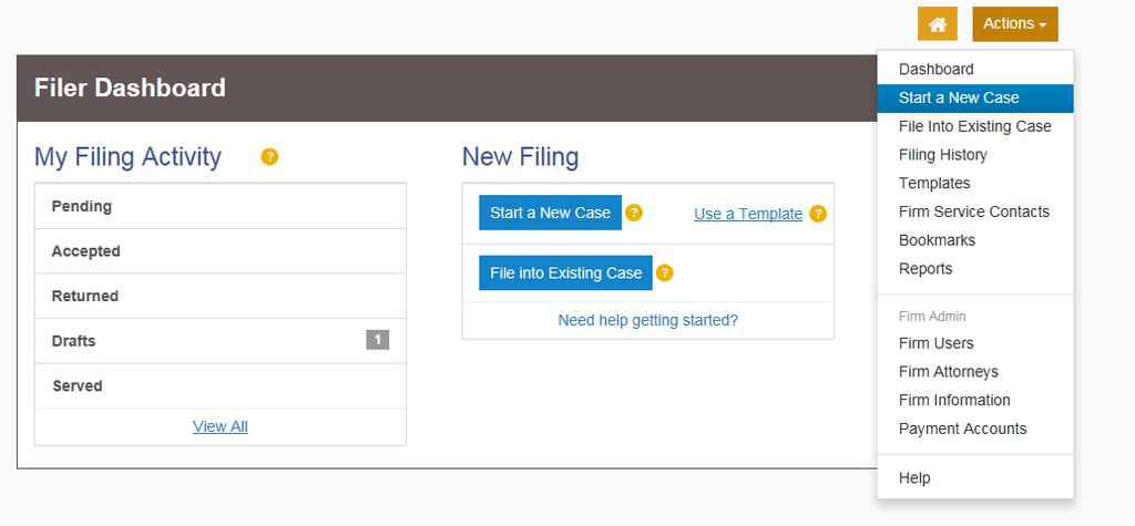 Submitting a New Case Select Start a New Case from the Filer Dashboard, or under the orange Actions menu. Case Information Select a Location and Category.