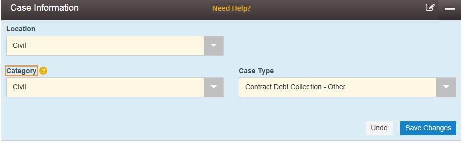 The case types available for selection match the Civil cover sheet. You may select the orange Need Help link for additional information in any section.