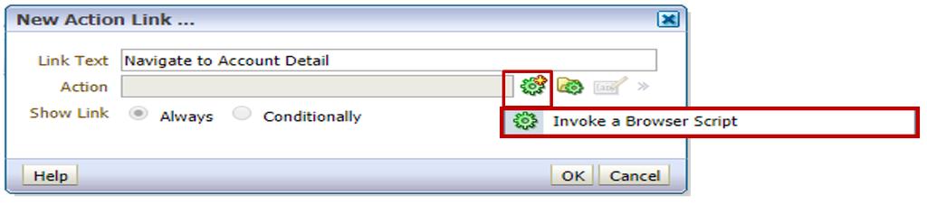 Image: Highlighting the Gear Icon for Creating an Action Link After clicking the gear icon, Oracle CRM On Demand displays the Create New Action dialog.