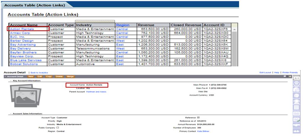 On the Account Name column defined for the Action Link, note that Oracle CRM On Demand renders the values displayed in the Account Name column as links.