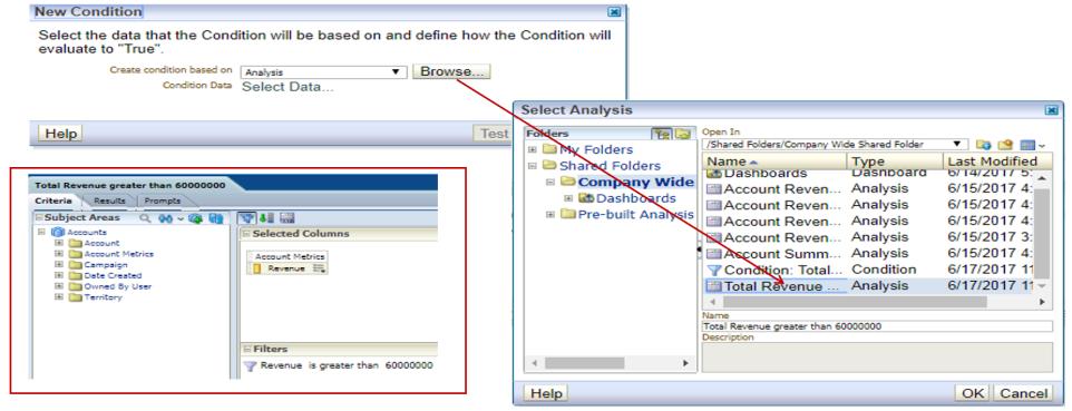 In the New Condition dialog, you can browse for the analysis on which Oracle CRM On Demand bases the condition. You build the analysis beforehand.