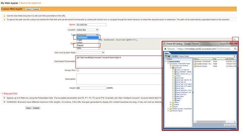 Image: Embedding a V3 Dashboard with One Filter in a Global Applet Custom Homepage Reports To embed V3 Reports in home pages, Oracle CRM On Demand has added a new drop down box called Catalog to the