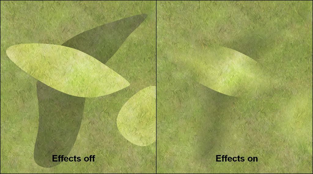 Result from page 48. About edge effects Many effects, Edge Fade, Bevel, Glow... affect the edges of entities and not the inside. To be true, they affect the edges of the drawn areas.