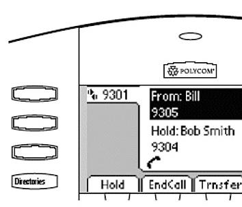 Softkey labels are updated on the display with the following options: Answer the incoming call. This places the original call on hold and refreshes the softkey labels as shown in the third example.
