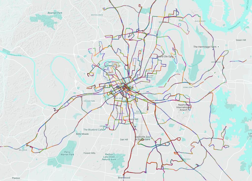 9 Fig. 5: Generated shared bus route segment network in Nashville. The lines with different colors represent the 5139 shared route segments in all 57 bus routes in the network.