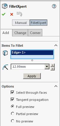 43 Edges Radius 12 select Full preview click a top edge of body and selection