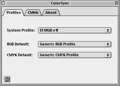 COLORWISE PRO TOOLS 19 TO SET THE COLORSYNC PROFILES 1 Choose Control Panels:ColorSync from the Apple menu. 2 Choose EFIRGB ICC v1f from the System Profile menu.