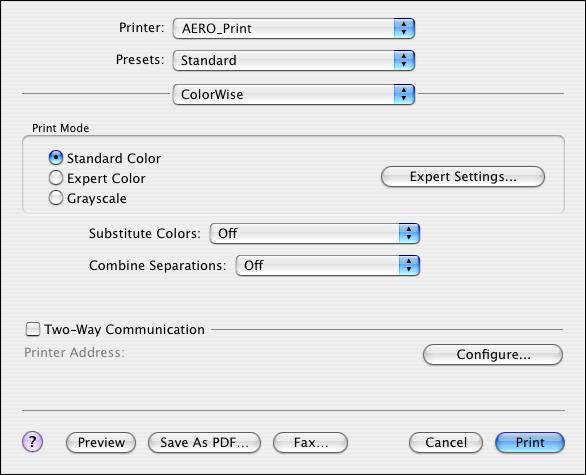 COLORWISE PRINT OPTIONS 74 The ColorWise pane appears. 5 Select Two-Way Communication.