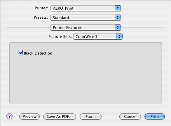 COLORWISE PRINT OPTIONS 75 10 Choose Printer Features from the ColorWise (default: Copies and Pages) menu. The Printer Features pane appears.