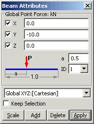 Figure 1.8 Beam Attributes Global Point Force Dialog Box Before applying the 30 kn force for Load Case 2, change the current load case to Load Case 2, by selecting it from the drop down list.