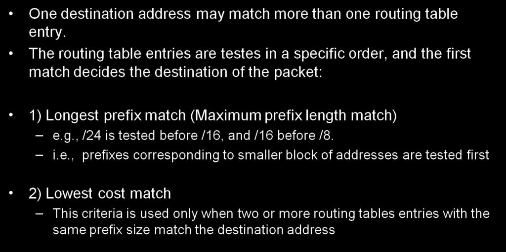 Fortunately, this problem does not occur because there is a convention about the order in which the routing table entries are tested. This convention is based on two important rules.