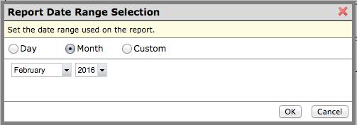 This will open a Report Date Range Selection tool. A report can be run for a specific day, month, or custom date range.