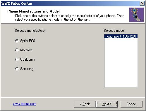 Pocket PC Setup Running the SETUP Program 15 6 Select the manufacturer and model of your mobile phone,
