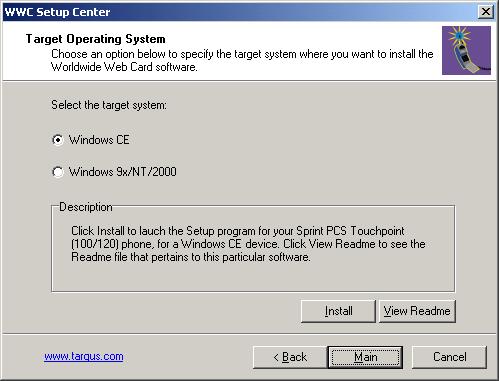 Pocket PC Setup Running the SETUP Program 16 The Target Operating System screen appears.