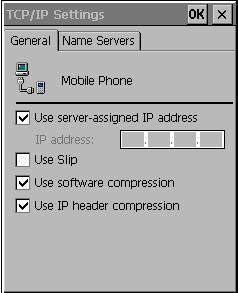 Windows CE Setup Preparing for Remote Networking 34 8 After returning to the Make New Dial-Up Connection window, tap TCP/IP Settings. The TCP/IP Settings window appears.