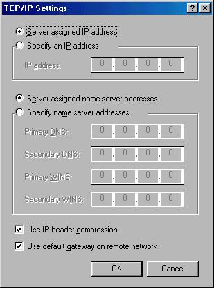 Windows 95/98 Setup Making a Data Call 49 4 In the TCP/IP Settings screen, enter the appropriate IP, DNS, and WINS addresses as directed by your network administrator or ISP. Click OK.