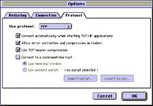 Apple PowerBook Setup Making A Data Call 85 3 In the Options dialog box, click the Protocol tab. 4 Check Connect automatically when starting TCP/IP applications, then click OK.