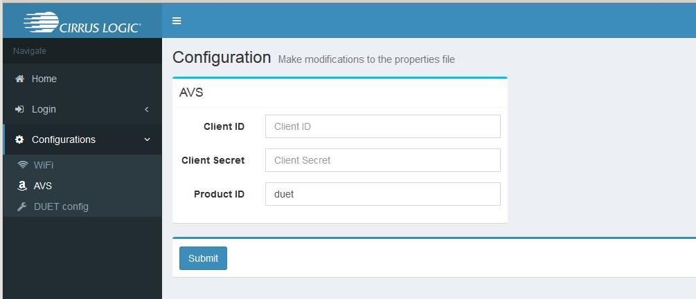 Figure 6 Configurations AVS Configuration Panel The following AVS credentials must be entered to login to the AVS: Client ID Amazon account client ID Client Secret Amazon account secret credential