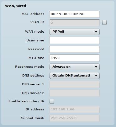 WAN mode choose PPPoE to configure WAN interface to connect to an ISP via a PPPoE: Figure 20 Routers WAN Settings: PPPoE MAC address specify the clone MAC address if required.