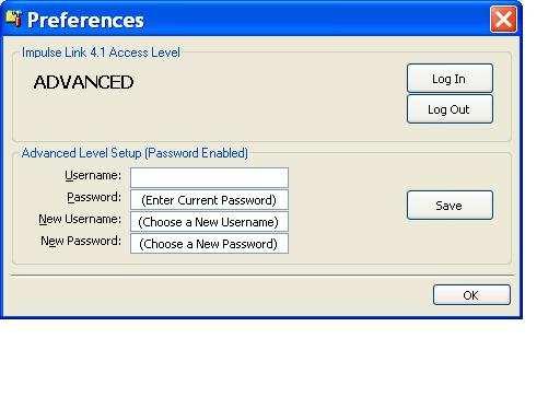 Security / Password Protection The Preferences drop-down menu allows you to set the access level, username, and