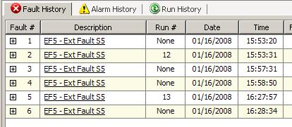 Fault / Alarm / Run History Click on any of the three icons (Fault/Alarm/Run), and the top of