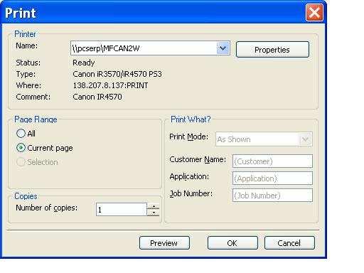 Compact Parameter Print Preview Detailed Parameter Print Preview Print Printer Name Select a printer. Print Mode - Allows the user to choose the printing style.