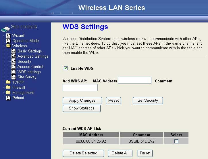 12. Enable WDS function and add the BSSID of DEV2 to Current WDS AP