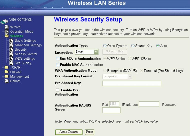 Configuring Wireless Security This device provides complete wireless security function include WEP, 802.