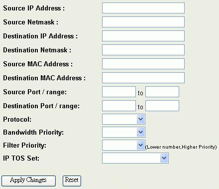 2. QoS Rule settings The following table describes the labels in this part. Label Description IP Address Enter source/destination IP Address in dotted decimal notation.