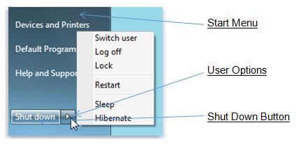 Use the Shutdown button on the Start menu: To turn off the computer using the Start menu, click the Start button and then in the lower-right corner of the Start menu, click Shut down.