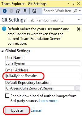 14. Enter an email address for Julia (julia.ilyiana@vsalm) and then select the Update button. Figure 10 Setting email address 15. Select the Home button in Team Explorer. Figure 11 Navigating home 16.